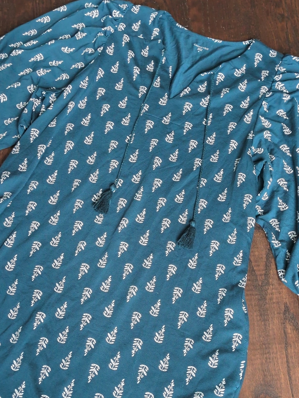 GARNET HILL I Teal Leaf Printed Puff-Sleeve Casual Tencel Dress with Tassels, S